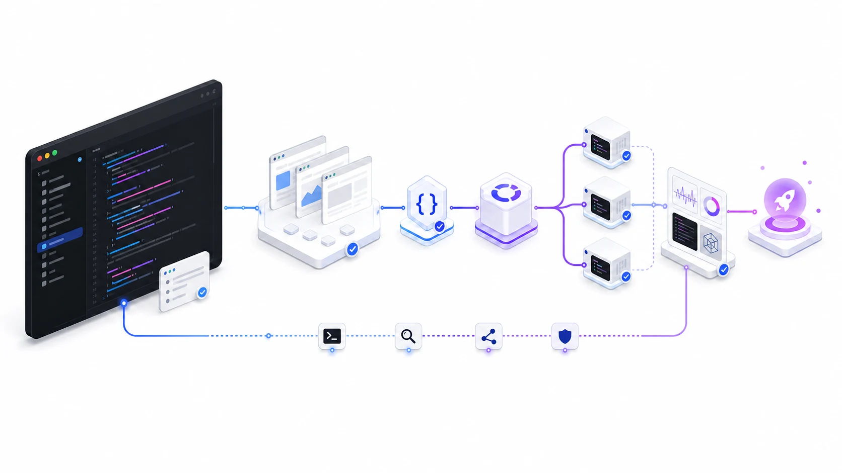 Illustration of code flowing through browser and API tests, parallel CI workers, diagnostics, and a release signal